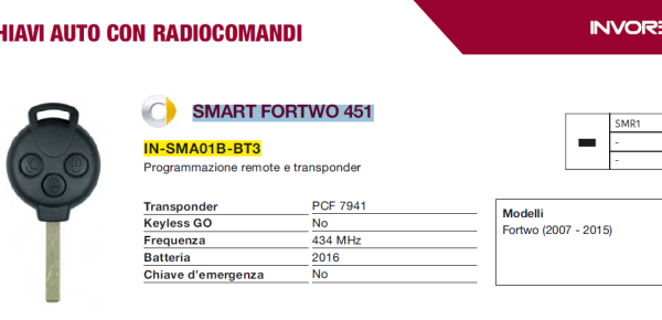 RADIOCOMANDO CHIAVE AUTO VERGINE SMART FORTWO 451 IN-SMA01B-BT3